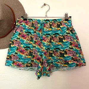 Adorable Forever21 linen blend shorts. Elastic/tie waist, cuffed, tropical print